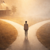 A creative professional learning to hear God's voice at a crossroads in their workspace — choosing between light and shadow for discernment in creative decisions